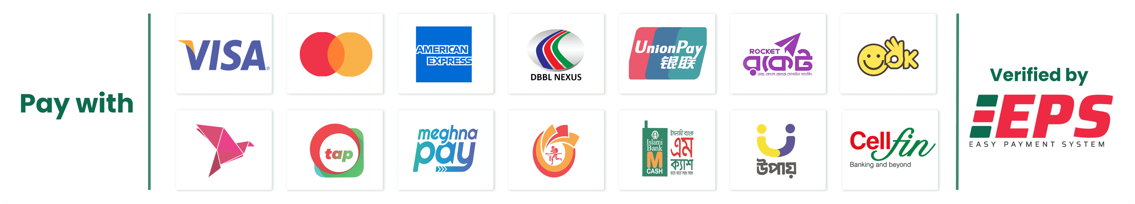 Pay with Visa, Mastercard, American Express, bKash, Nagad, Rocket, tap, Upay and more — verified by EPS